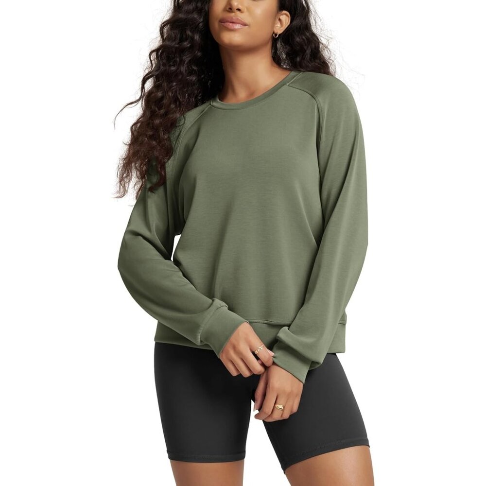 Women's Dark Sage Soft Raglan Long Sleeves Sweatshirts for Oversized Crew Neck